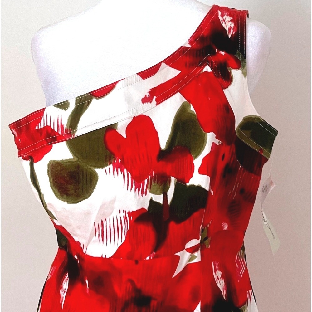 Evan Picone poppy comb red floral dress women's 10 one shoulder cotton 6802 nwt - Picture 3 of 12